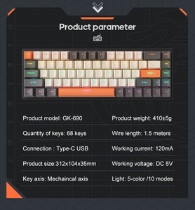 Teclado mecánico de 68 teclas OEM de fábrica, eje de té, venta al por mayor, Teclado mecánico con cable RGB