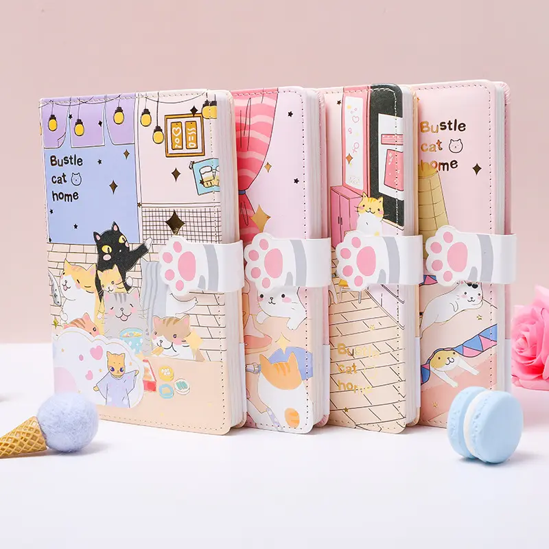 Artigos de papelaria Supplies Capa Dura Notepad Japonês Kawaii Bonito Notebook Office Cat Magnetic Couro Trabalho Escola 112 Folhas 100 Pcs