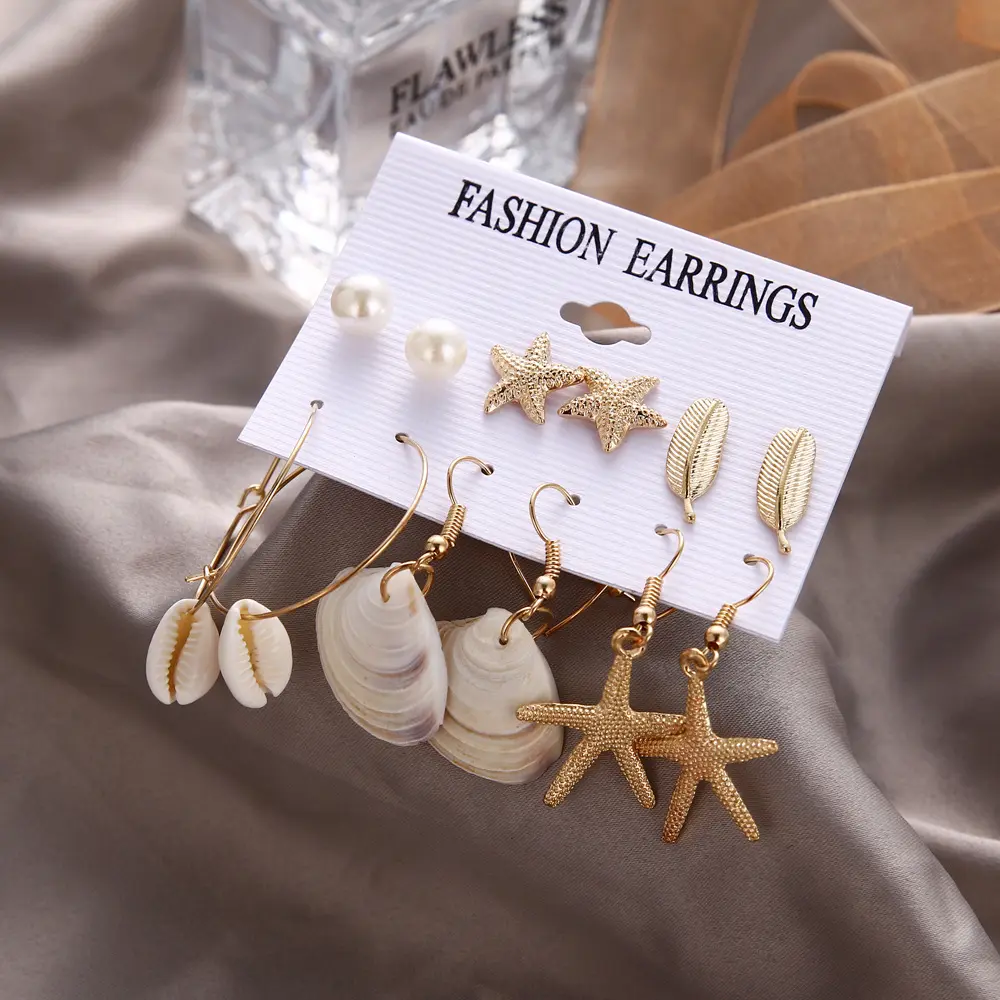 Zooying Summer Conch 6 pares de pendientes para mujer Starfish Shell Sea Beach Jewelry para mujeres y niñas