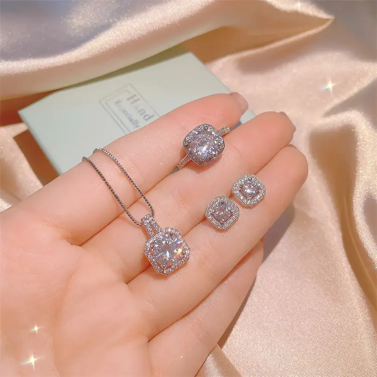 Simple Zircon Square Diamond Si-mulated Diamond Ring Earrings Necklace Three Piece Set