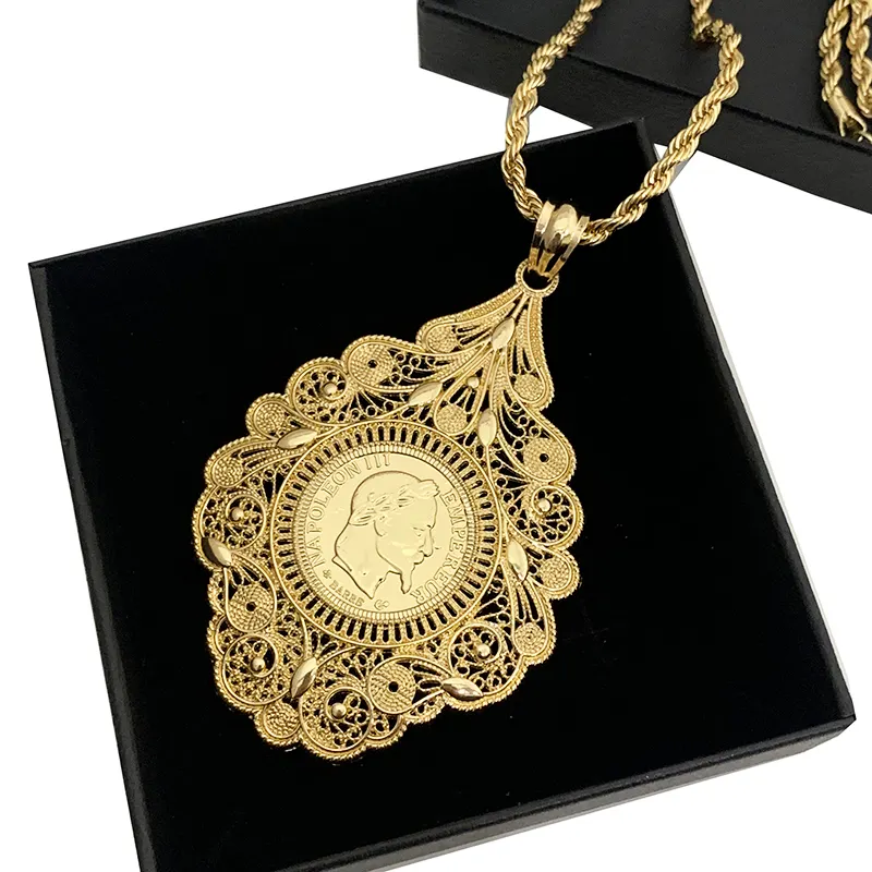 1862 Napoleon III French Empire Metal Coin Pendant With Flowery Engraving Design Wedding Decoration Necklace