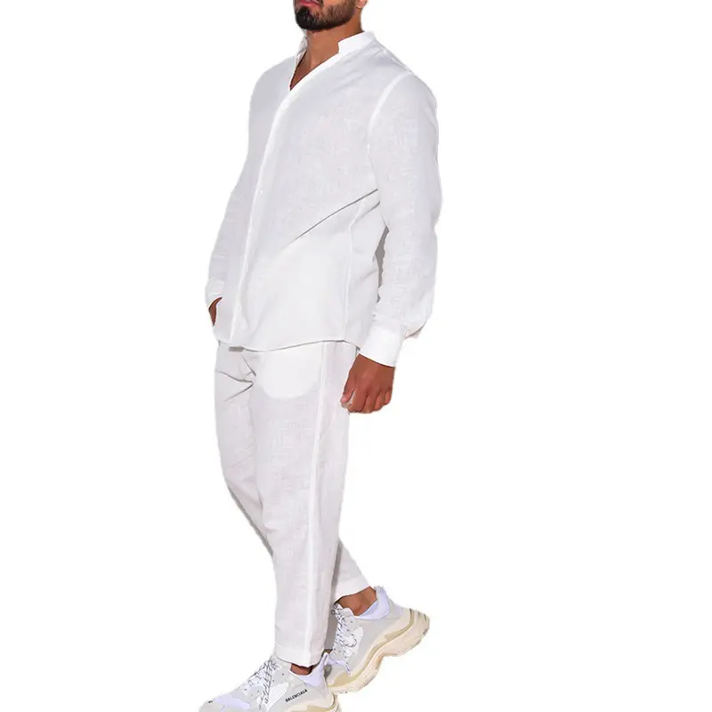 Color sólido cuello en V camisa de manga larga pantalones conjunto de dos piezas moda Simple Casual deportes algodón Lino transpirable traje de los hombres