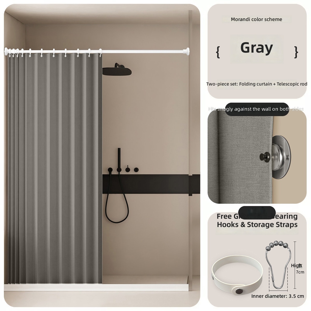 Rideau de douche pliant - Gris (avec tringle de tension incluse)