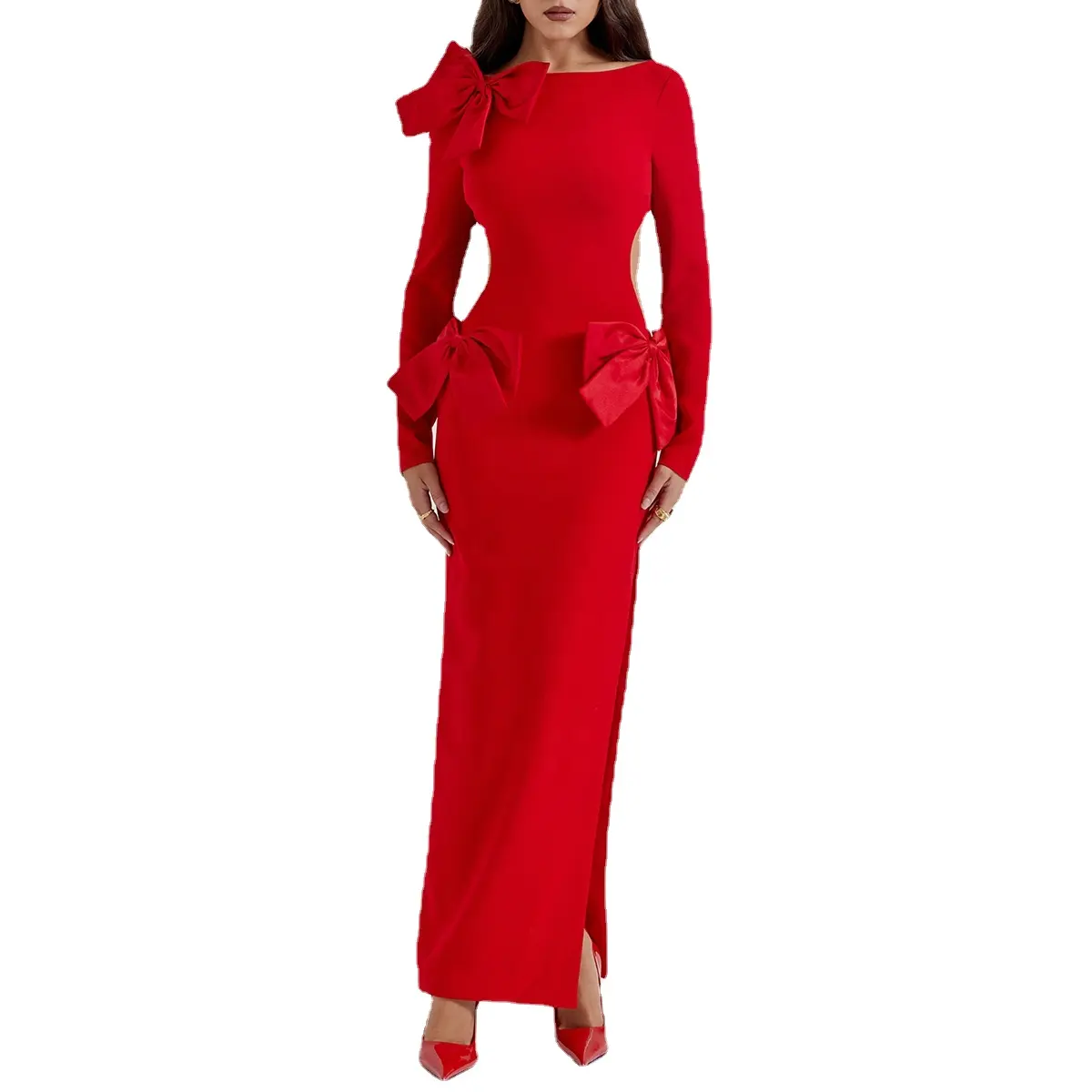 Maxi abito con fiocco rosso elegante GS-abbigliamento formale accattivante per eventi da Red Carpet