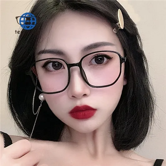 Teenyoun kacamata poligon Pc, bingkai kacamata kotak biru ukuran besar, Kacamata polos gaya Korea modis