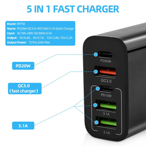 HYTO 65w PD Fast Charger EU US UK 2 Type-C 3 <strong>Usb</strong> Port <strong>Multiple</strong> <strong>Output</strong> <strong>Adapter</strong> Mobile Phone Travel Wall Charger for Macbook - Product Image 3