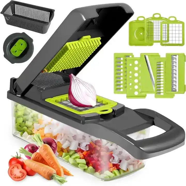 Mandoline multifonctionnelle 14 en 1 coupeur de fruits et légumes coupeur de nions extra grossier et râpe à ruban coupe-légumes