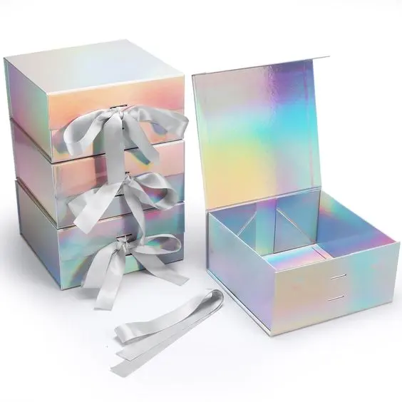 Holo graphische Laser-Geschenk boxen mit zusammen klappbaren quadratischen Geschenk verpackungs boxen Magnet-Schließ boxen für Geschenke Kunden spezifisches Logo