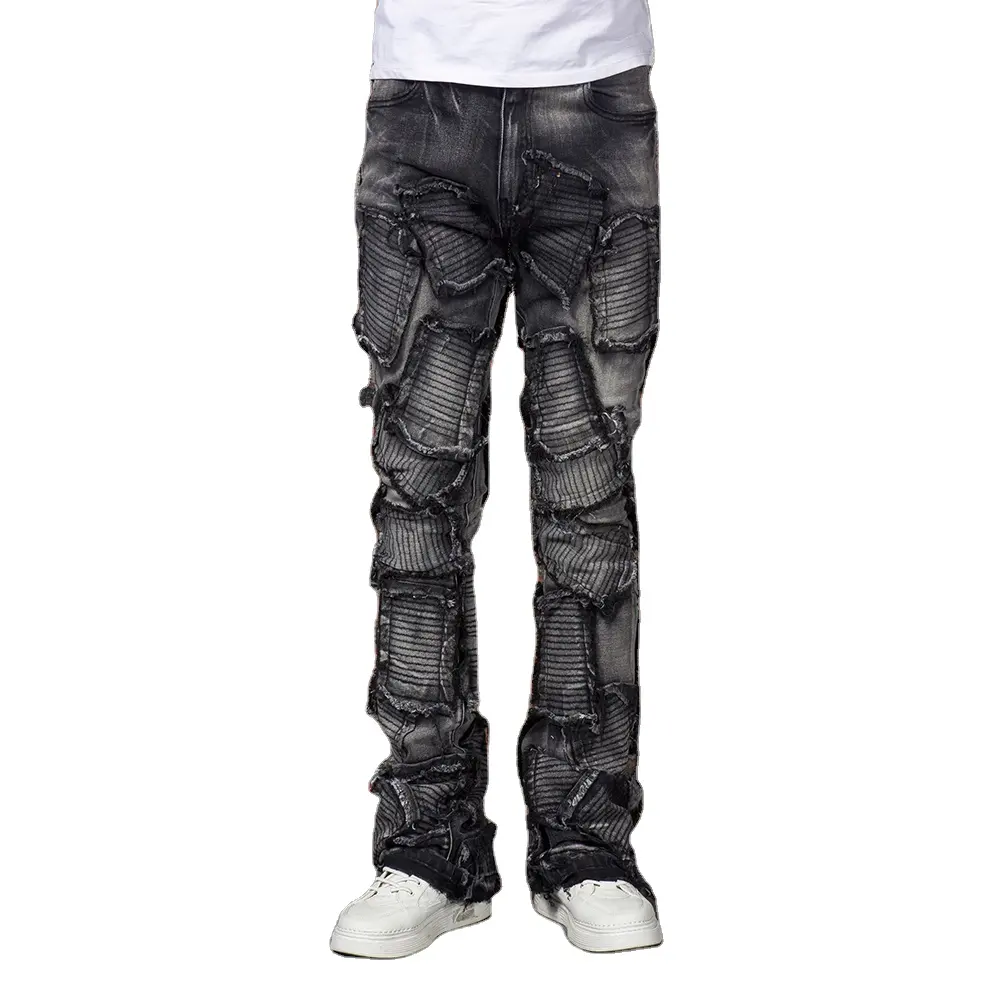 Custom Denim Fabriek Uitlopende Broek Jeans Heren Distressed Wash Jeans Heren Losse Stapelfit Uitlopende Jeans Heren