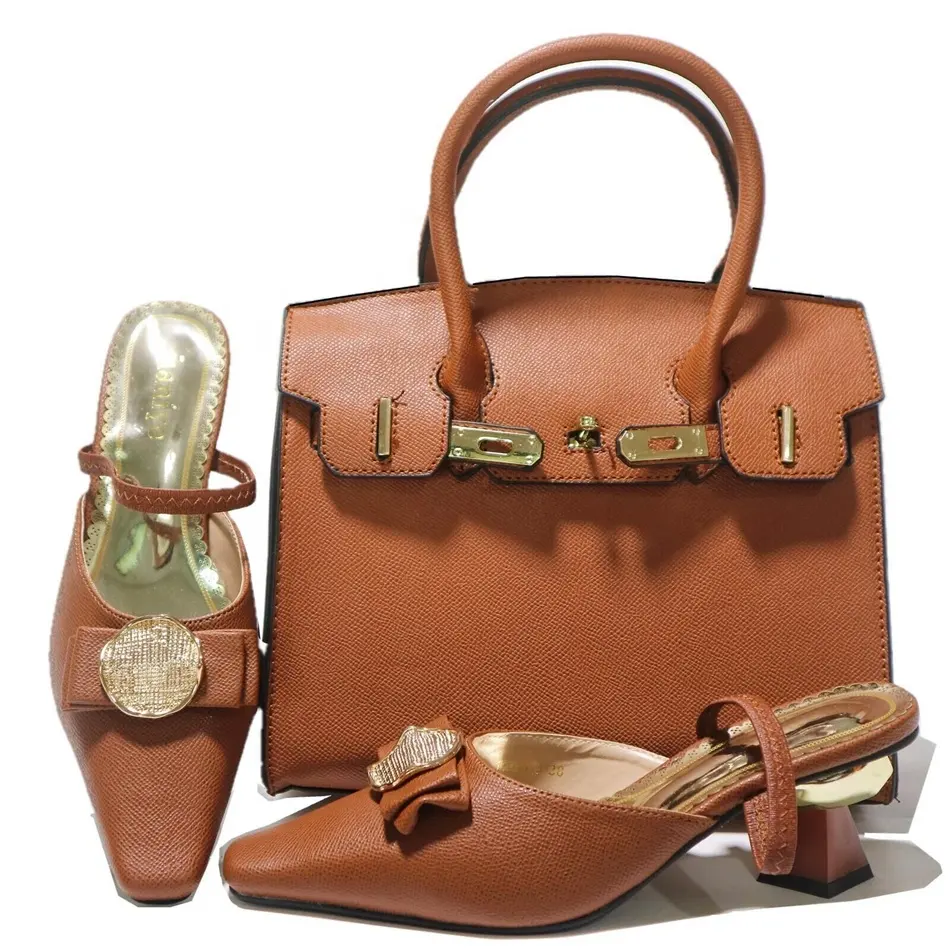 Wholesale Price Brown Color Shoes And Matching Bags Clutch Set African Shoes And Bag Sandals for Evening Party