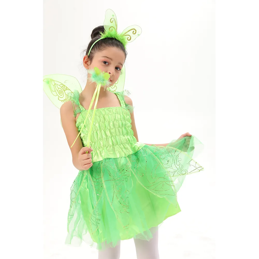 Green Fairy Costume Set of 4pcs Polyester Butterfly Wings Hairbands with Feather Tutu Skirts Wands for Cosplay Party