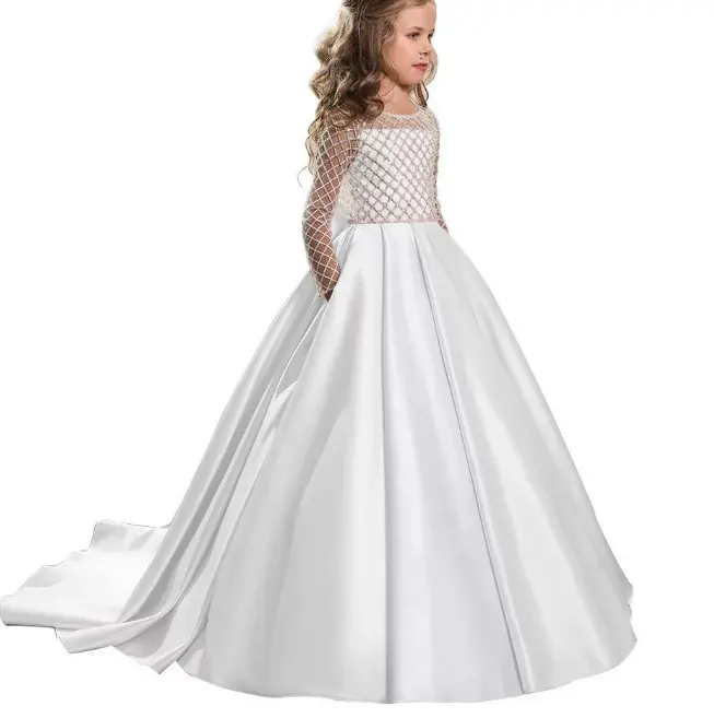 Abito per bambini fiore di raso abito da principessa da sposa per bambini primavera 2023 nuovo vestito a maniche lunghe per bambini medio e grande