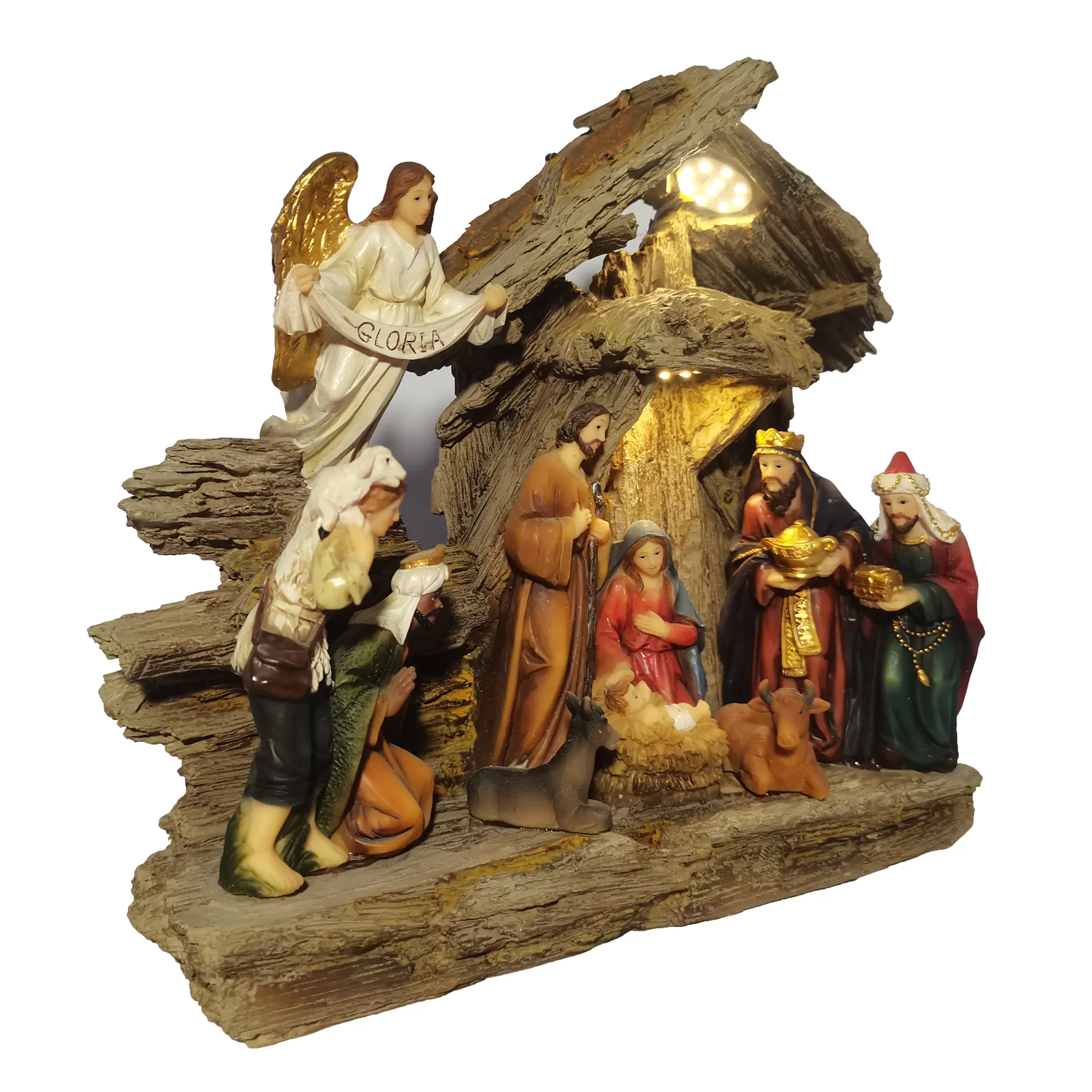 أعلى غريس 10 بوصة المهد تمثال ديني مع الصمام LightResin كسر سرير خشبي زينة عيد الميلاد في الهواء الطلق