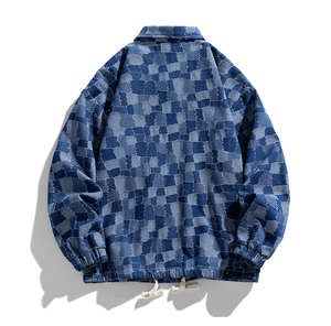 定制男士牛仔夹克翻领纽扣方格图案男士牛仔夹克 - Product Image 5