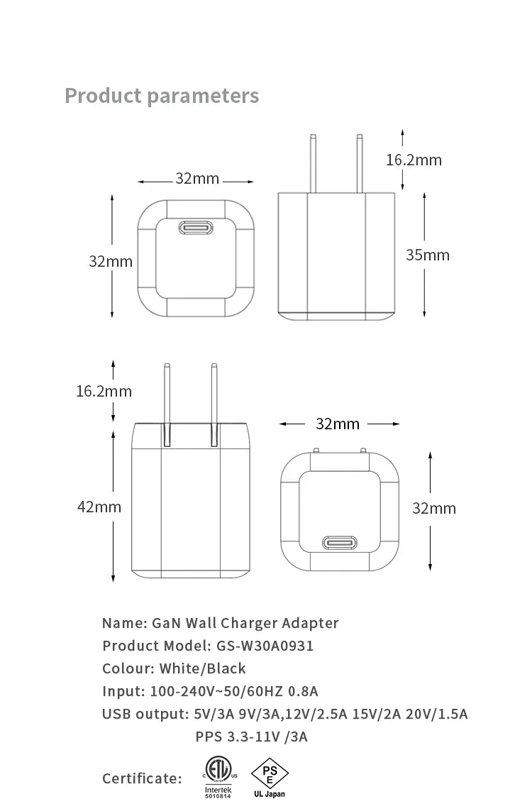 GaN 33W PD USBC充電器モバイルポータブル充電器アダプターPD30wGaN充電器