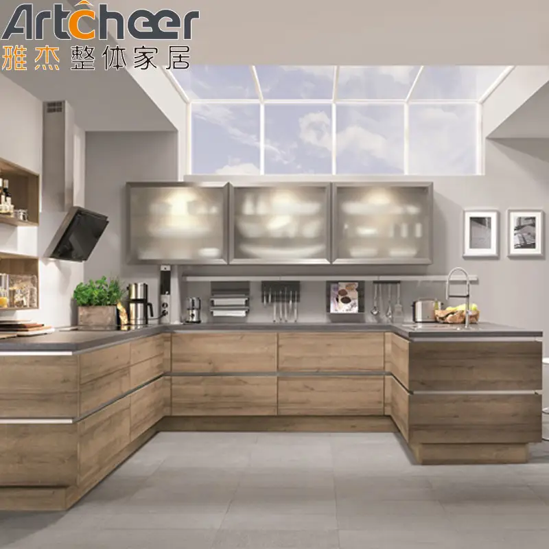 Cozinha personalizada armário e fogão design de armazenamento de luxo cor sólida madeira porta l forma