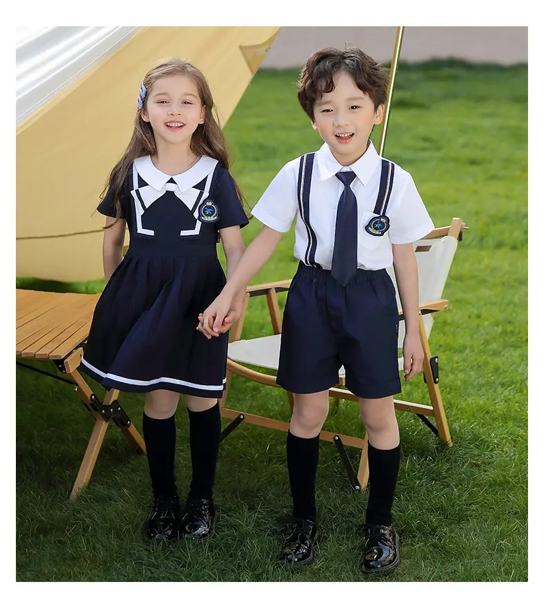 Uniformes escolares europeos con diseños de colores, conjunto de verano transpirable para niñas y niños, precio de fábrica