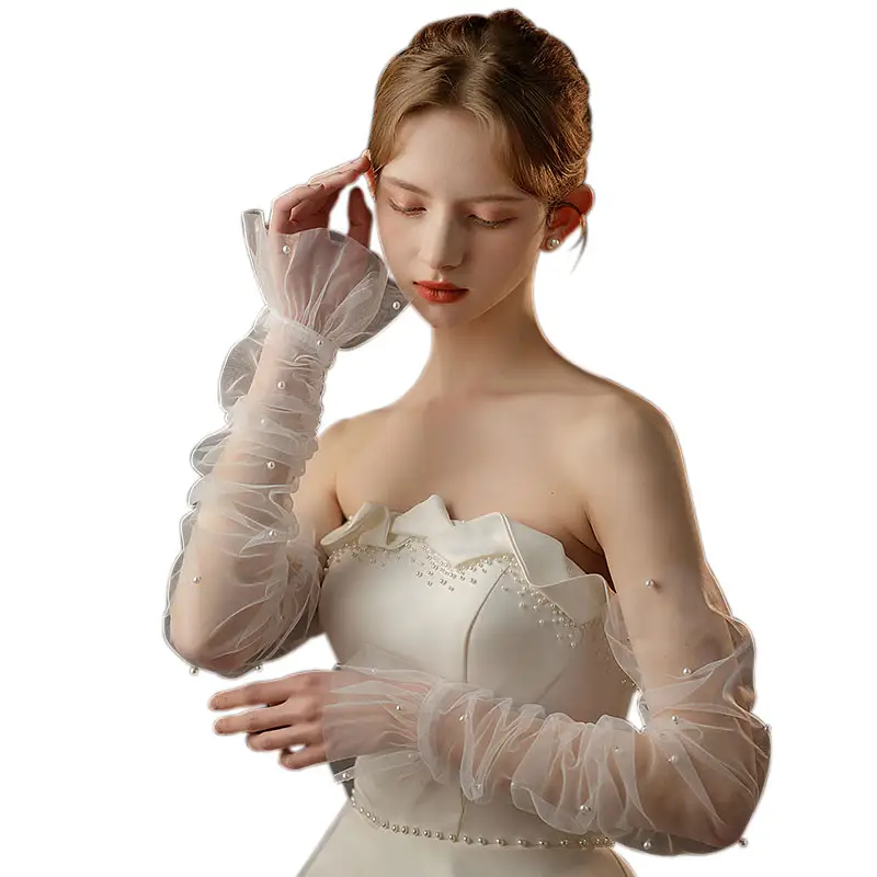 WG069 exquis mariage mariée longs gants blancs à volants perles de tulle perles mariées demoiselle d'honneur manchette