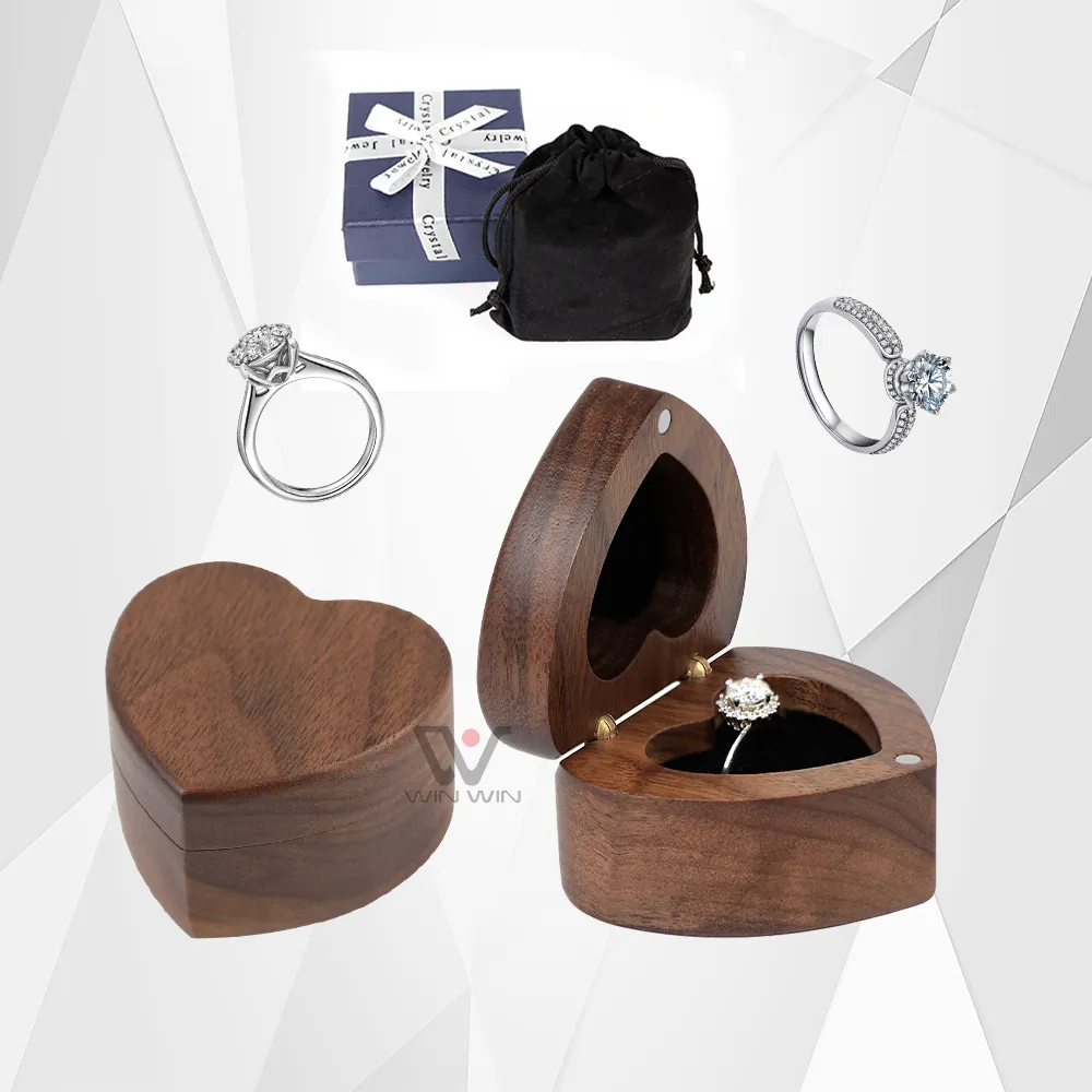 Propuesta de nogal, cajas de anillo de compromiso de boda, caja de anillo de madera pequeña portátil para ceremonia de boda, caja de portador de anillo