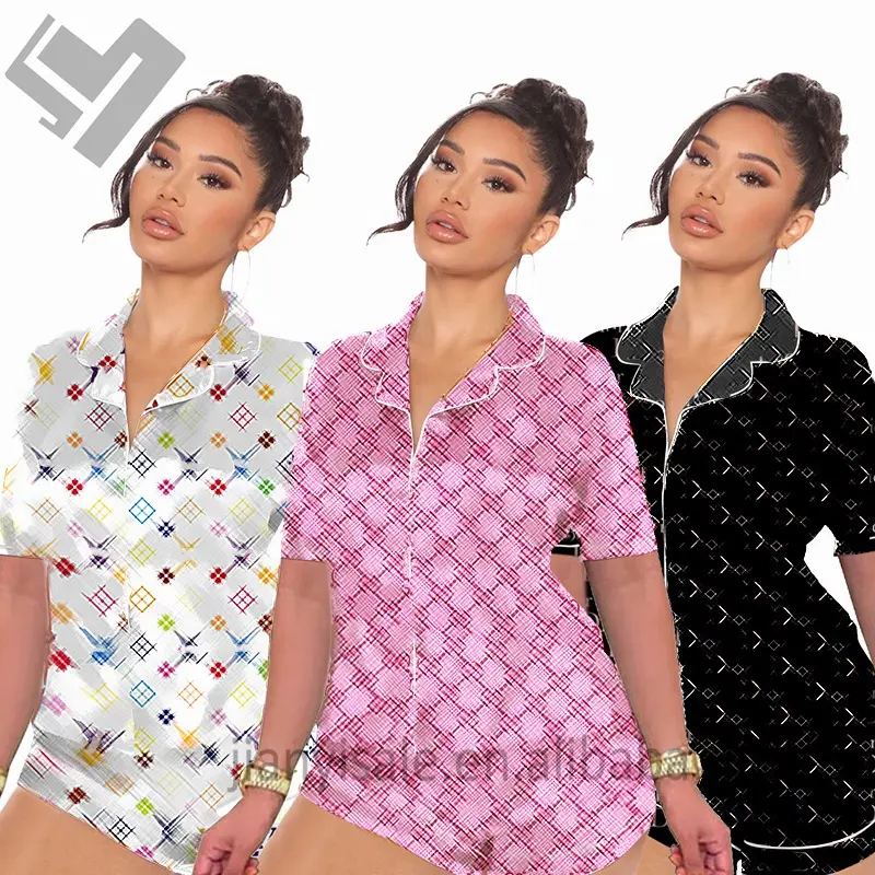 wholesale Summer girls sleepwear two piece pajama set satin silk pajamas designers print pyjamas short pajamas for women