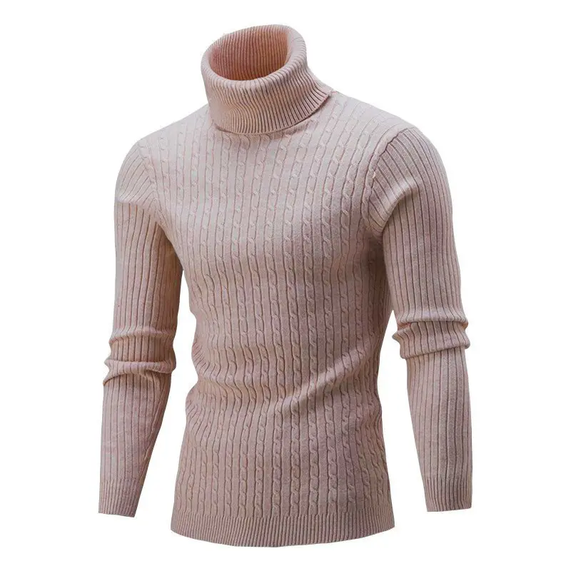 Jacquard Malha Jumper Gola Alta Nylon/Algodão Listrado Homens Pullover Camisola dos homens