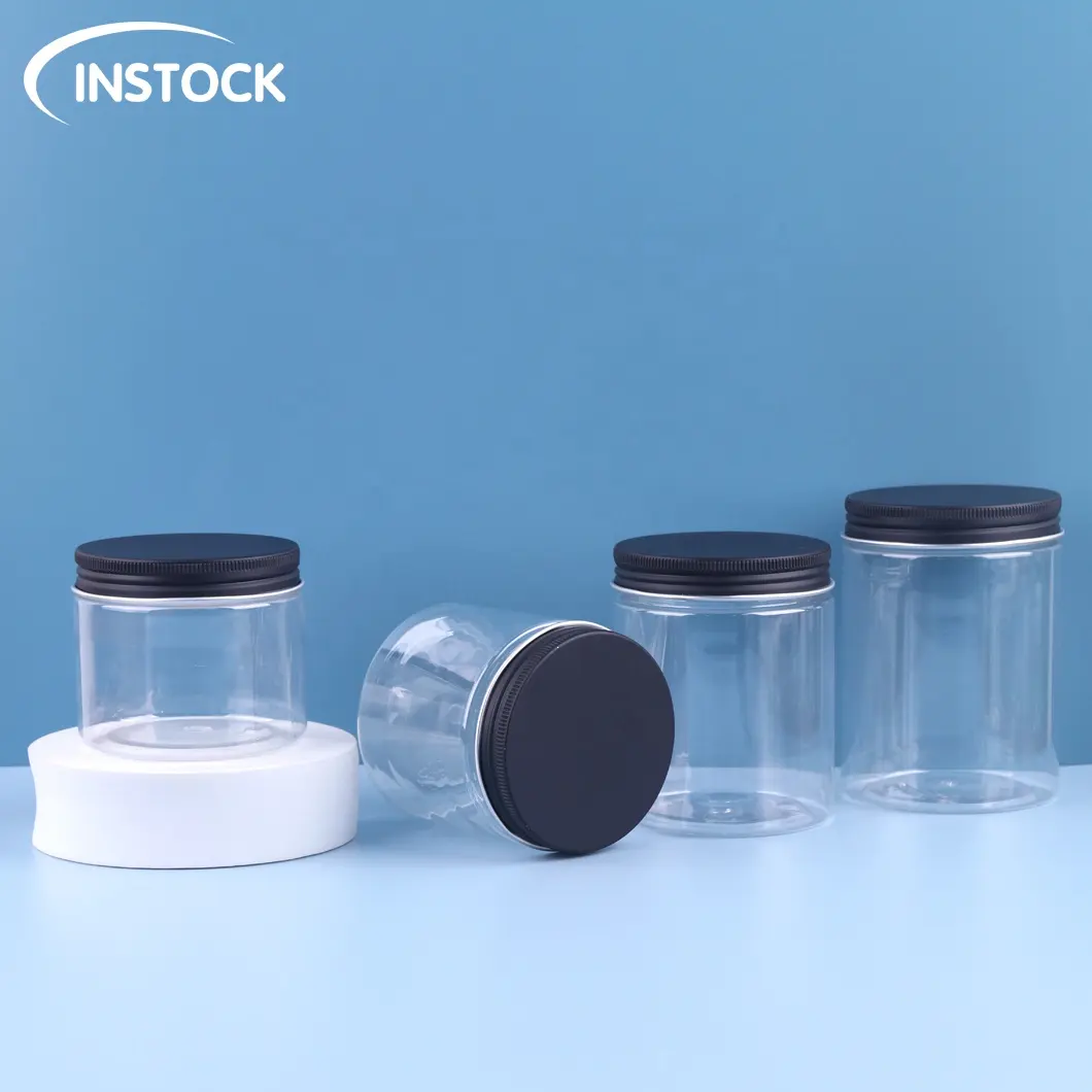 Instock रसोई कनस्तरों 50/80/100/120/150/180/200/250/300/400/500ml दौर स्पष्ट पीईटी प्लास्टिक जार Lids के साथ चौड़े मुंह की बोतल