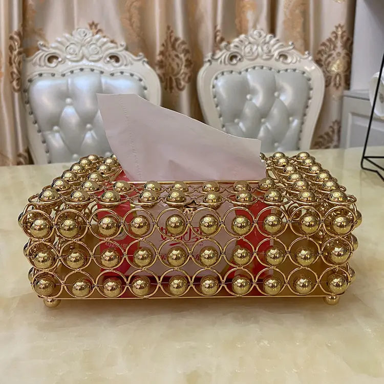 Kotak Tisu Logam Pernikahan, Kotak Tisu Logam Mutiara Manik-manik Kristal Dekoratif Buatan Tangan Emas