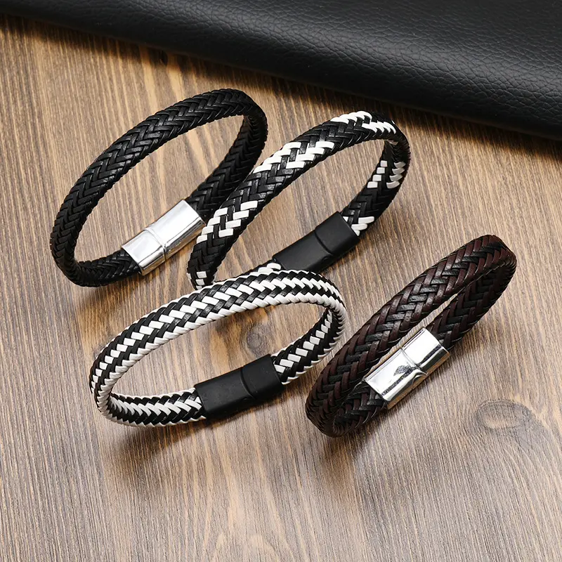 Pulsera de lujo para hombre, brazalete de diseñador de cuero de imitación, de cuero trenzado grueso, con cierre magnético