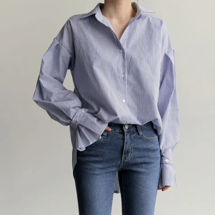 Roupa Por Atacado Mulheres Moda Franja Camisa Das Senhoras Puff Manga Da Camisa Da Listra Azul