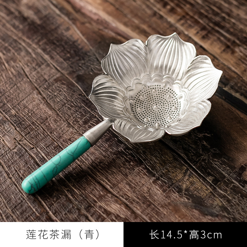 Passoire à thé Lotus en étain - Manche en jade bleu