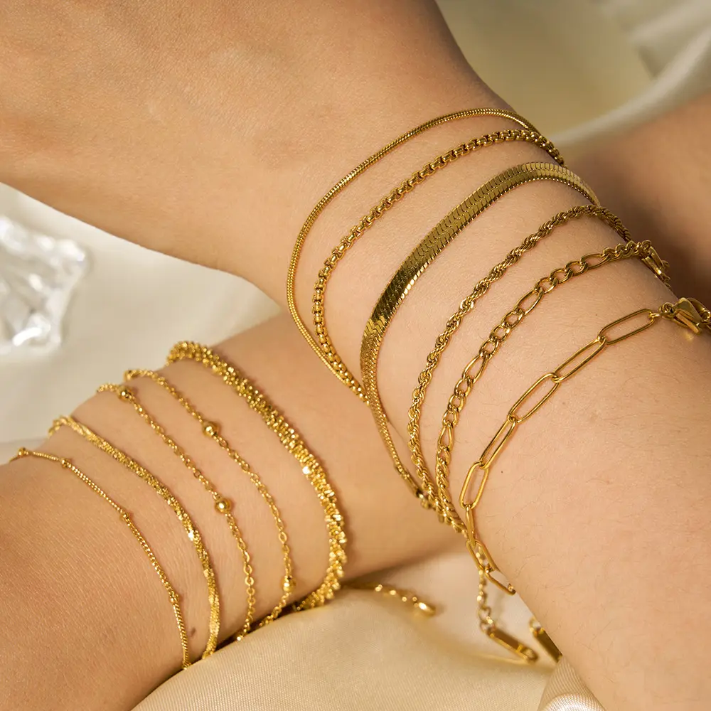Perhiasan modis gelang baja tahan karat berlapis emas 18K gelang rantai Figaro Gelang rantai ular datar untuk wanita