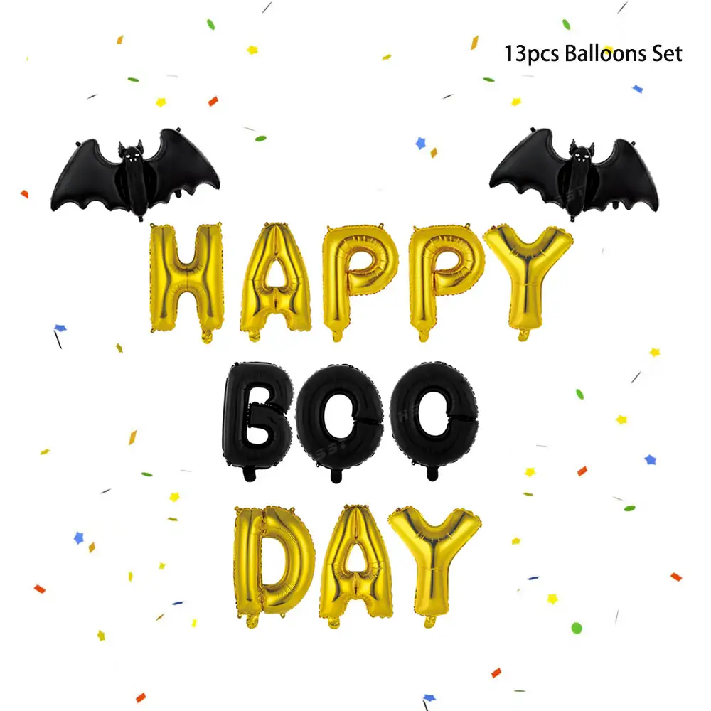 13 piezas decoraciones para fiesta de Halloween Happy Boo Day 16 pulgadas letras encantadora forma de murciélago papel de aluminio Mylar Kit de globos