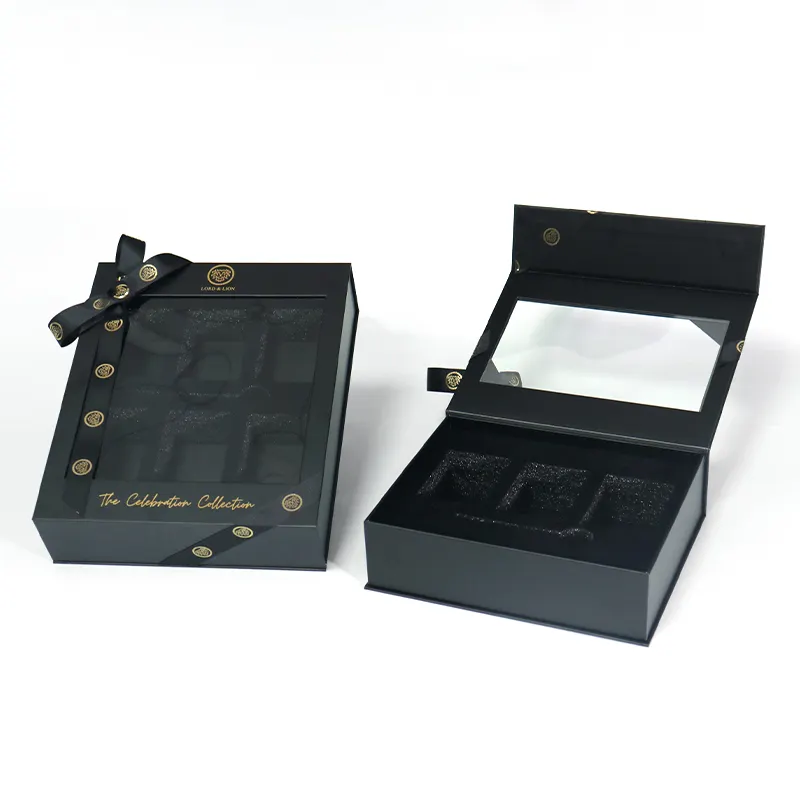 กล่องของขวัญสำหรับอาหารโบว์กระดาษแข็งสีดำแข็งออกแบบโลโก้ได้ตามต้องการ