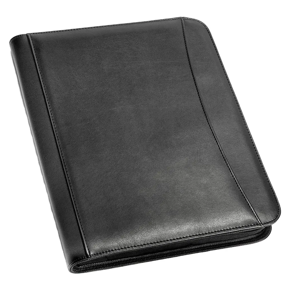 Business Resume Interview Black Pu Leather Portfolio Binder Sleeve Writing Pad Zippered Pocket