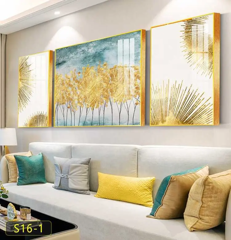 Modern altın 3-piece lüks oturma odası soyut resim alüminyum alaşım çerçeve kristal porselen duvar sanatı çiçek dekor boyama