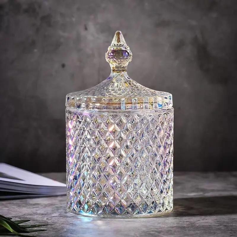 अद्वितीय डीलक्स इंद्रधनुषी रोमन ग्लास मोमबत्ती जार क्रिस्टल नक्काशीदार ग्लास मोमबत्ती धारक कांच के ढक्कन के साथ