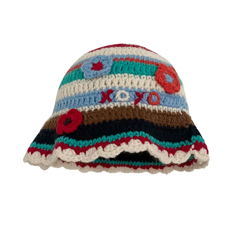 Sombrero de pescador de invierno de punto unisex con logotipo personalizado suave, gorro de cubo de ganchillo con patrón cálido hecho a mano para mujer