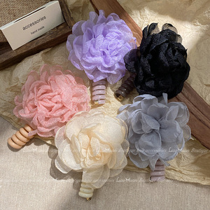 Caro organza vintage elegante grande flor rosa cabelo amarrado fio de telefone laço de cabelo alta elasticidade corda de cabeça faixa de couro feminino