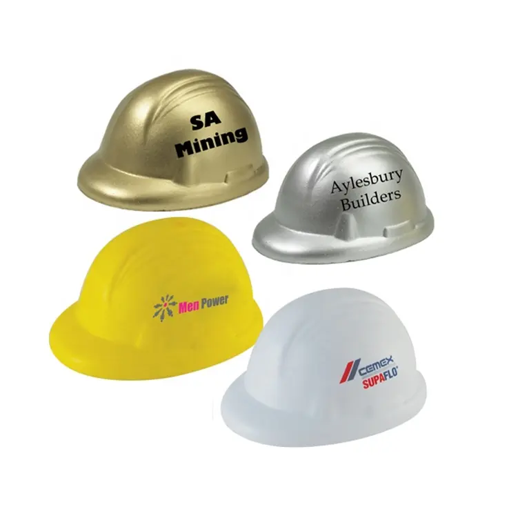 Regali di promozione della palla antistress in Pu, palla antistress in PU a forma di casco di sicurezza in schiuma PU antistress