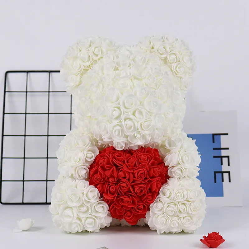 Desain populer 2024 beruang Teddy hati mawar 40cm dengan kotak hadiah, hadiah Valentine busa bunga buatan Teddy Rose