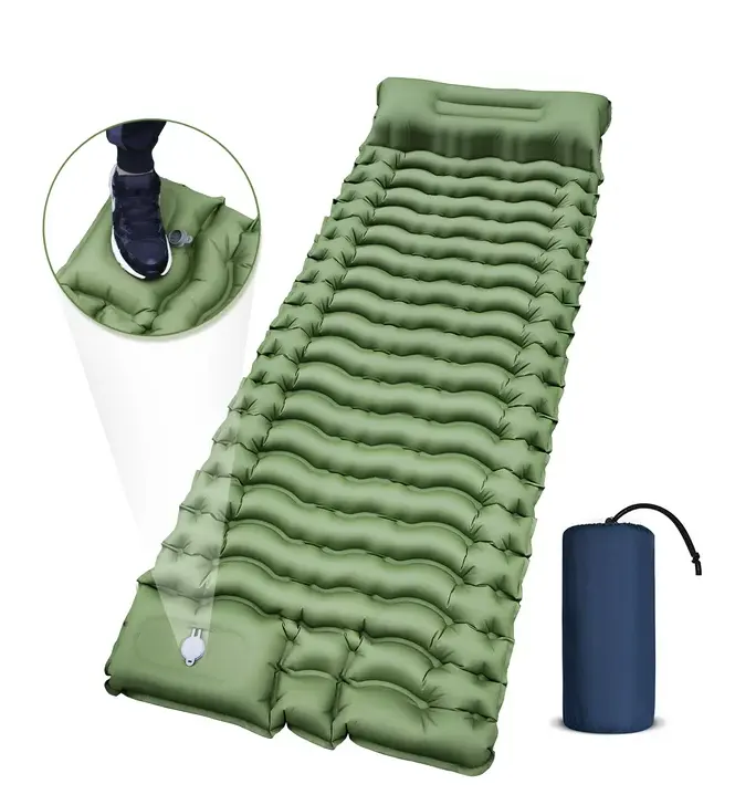 캠핑 슬리핑 패드, 캠핑용 소형 발 펌프 풍선 수면 패드 내장 베개가있는 초경량 캠핑 매트