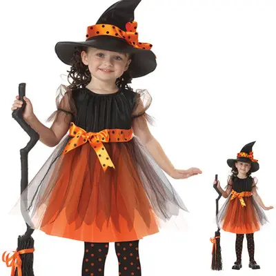 Finalz-vestido de halloween para niños y niñas, traje de cosplay de tul con lazo naranja y sombrero