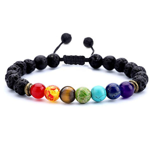 8mm Lava Rock 7 Chakrasアロマセラピーエッセンシャルオイル拡散器ブレスレット編組ロープブレスレット