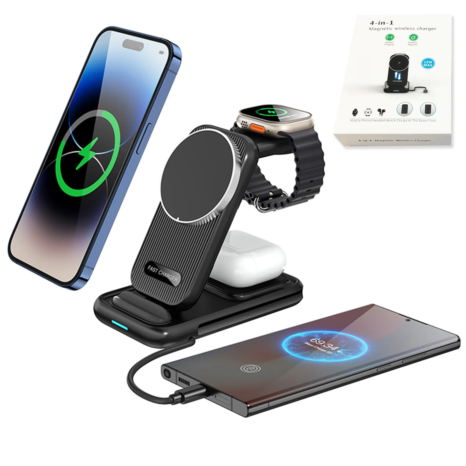 Justlink折りたたみ式4in1ワイヤレス充電器タイプc15W3in1 iPhone iwatch Airpods Sumsangウォッチ用磁気ワイヤレス充電