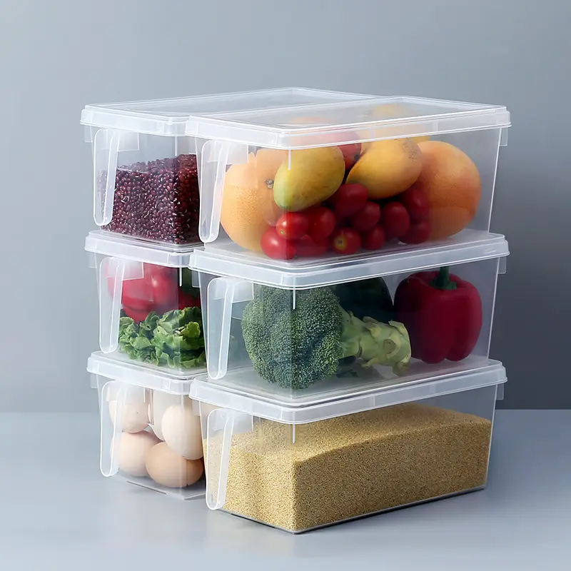 Boîte de rangement des aliments en plastique, nouveau conteneur organiseur avec poignée, articles de cuisine ménagers boîte de rangement empilable pour réfrigérateur avec couvercle 1 pièce