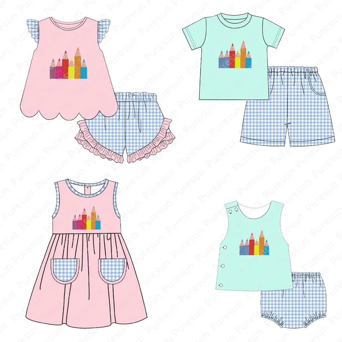 Wholesale Boys Girls Matching Clothing Sets Kids Boy Crayon Applique Outfit Back to School Children's Clothes