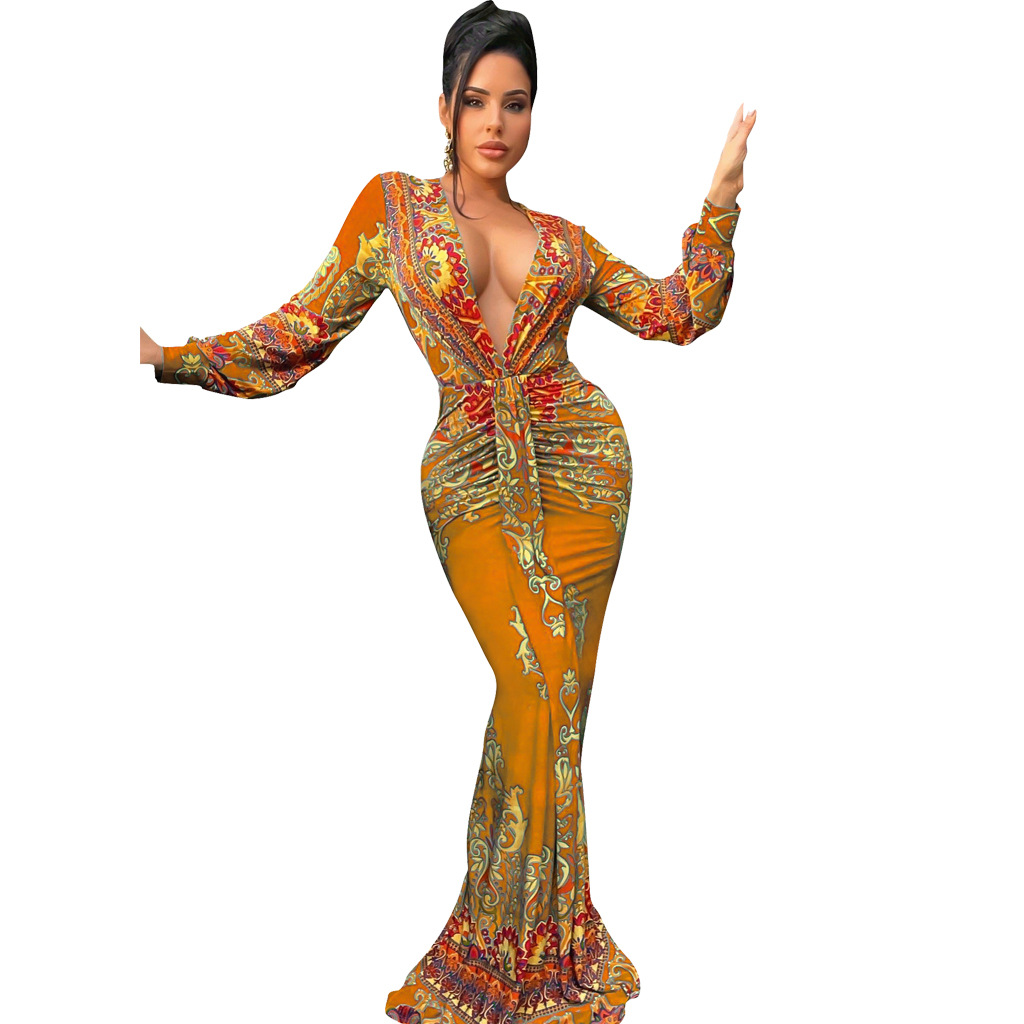 CM.YAYA Women Paisley Elegant Ruched Deep V-neck Long Sleeve Mermaid Bodycon Midi Maxi Dress Sexy Party Night Prom Long Dresses