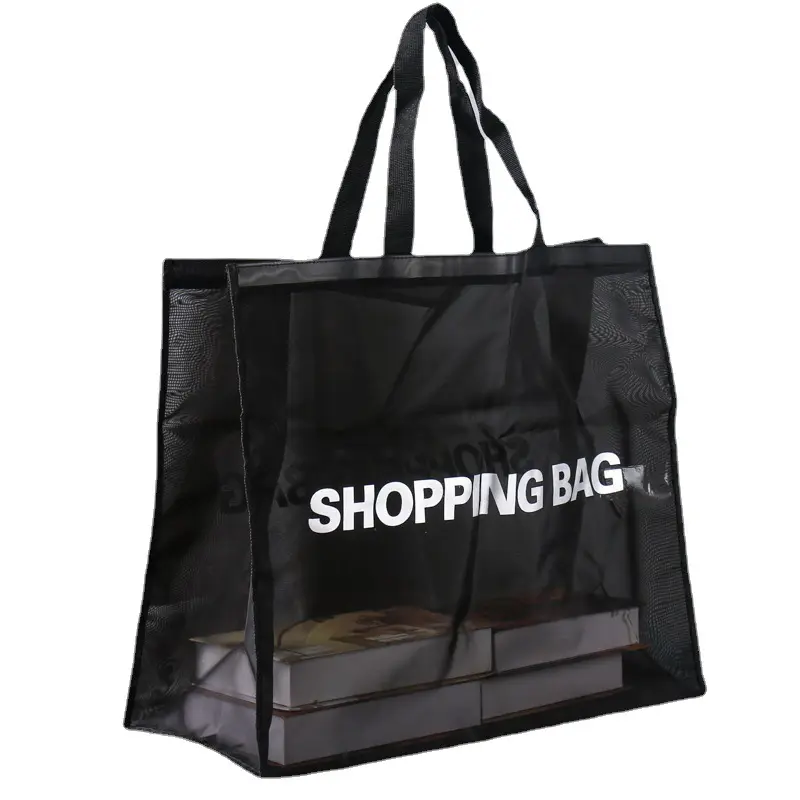 पर्यावरण के अनुकूल बड़े क्षमता काले पॉलिएस्टर मेष ढोना बैग अतिरिक्त बड़ा समुद्र तट बैग ले जाना मुद्रित लोगो महिला शॉपिंग भंडारण बैग