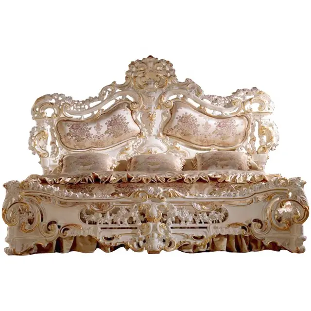 الفاخرة الفرنسية الروكوكو لويس الخامس عشر منحوتة خشب متين السرير ، النمط الأوروبي الملكي الملكة الأبيض الحرير السرير ، أثاث غرفة نوم فاخر