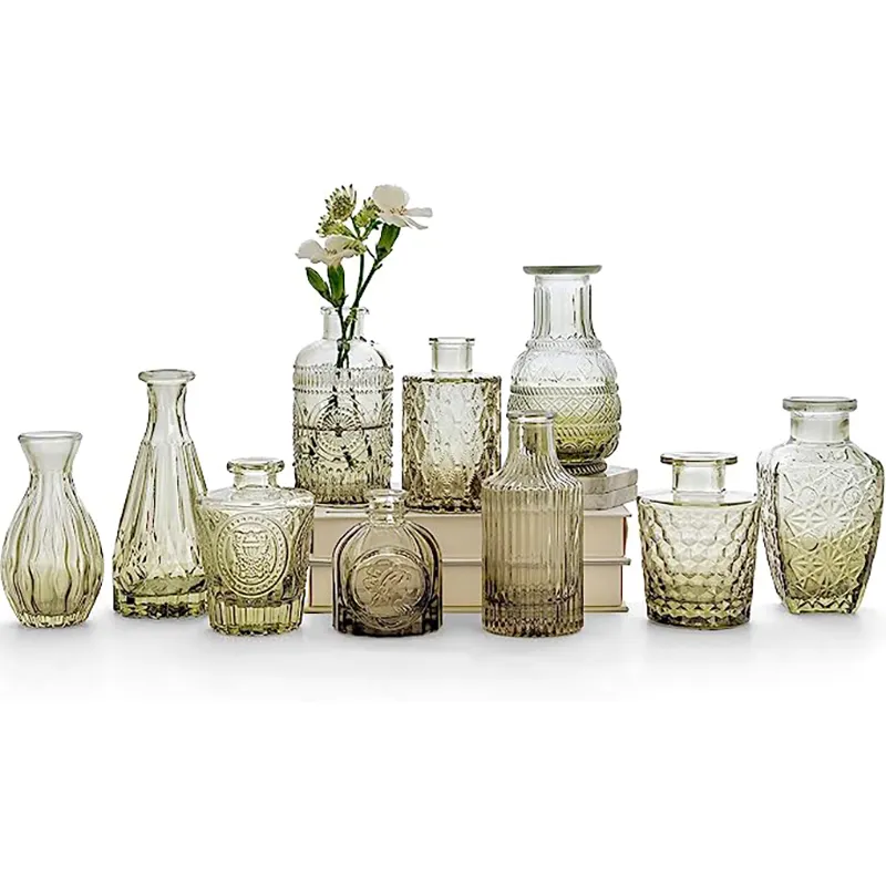 Vetri in vetro verde Set di 10 piccoli vasi per fiori carini centrotavola Mini decorazioni nuziali Vintage decorazioni da tavola fiori